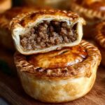 British Meat Pies Golden-brown mini British meat pies displayed on a wooden board, with one cut open to reveal a rich minced beef filling inside the flaky puff pastry.