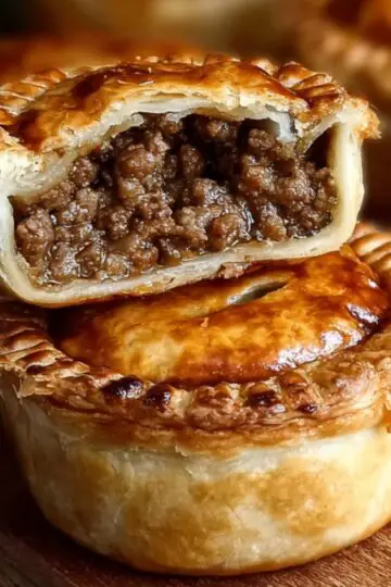 British Meat Pies Golden-brown mini British meat pies displayed on a wooden board, with one cut open to reveal a rich minced beef filling inside the flaky puff pastry.