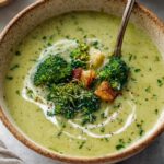 A pot filled with simmering Broccoli And Potato Soup chunks in a creamy broth, being stirred with a wooden spoon.
