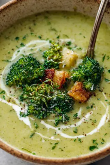 A pot filled with simmering Broccoli And Potato Soup chunks in a creamy broth, being stirred with a wooden spoon.
