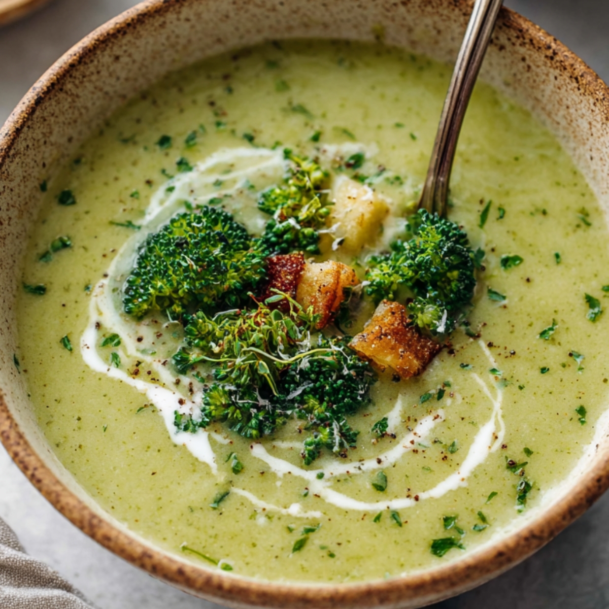 A pot filled with simmering Broccoli And Potato Soup chunks in a creamy broth, being stirred with a wooden spoon.