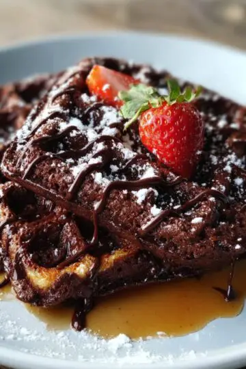 Brownie Waffles A chocolate brownie waffle drizzled with chocolate syrup and dusted with powdered sugar, topped with a whole strawberry and surrounded by strawberry slices, served on a gray plate.