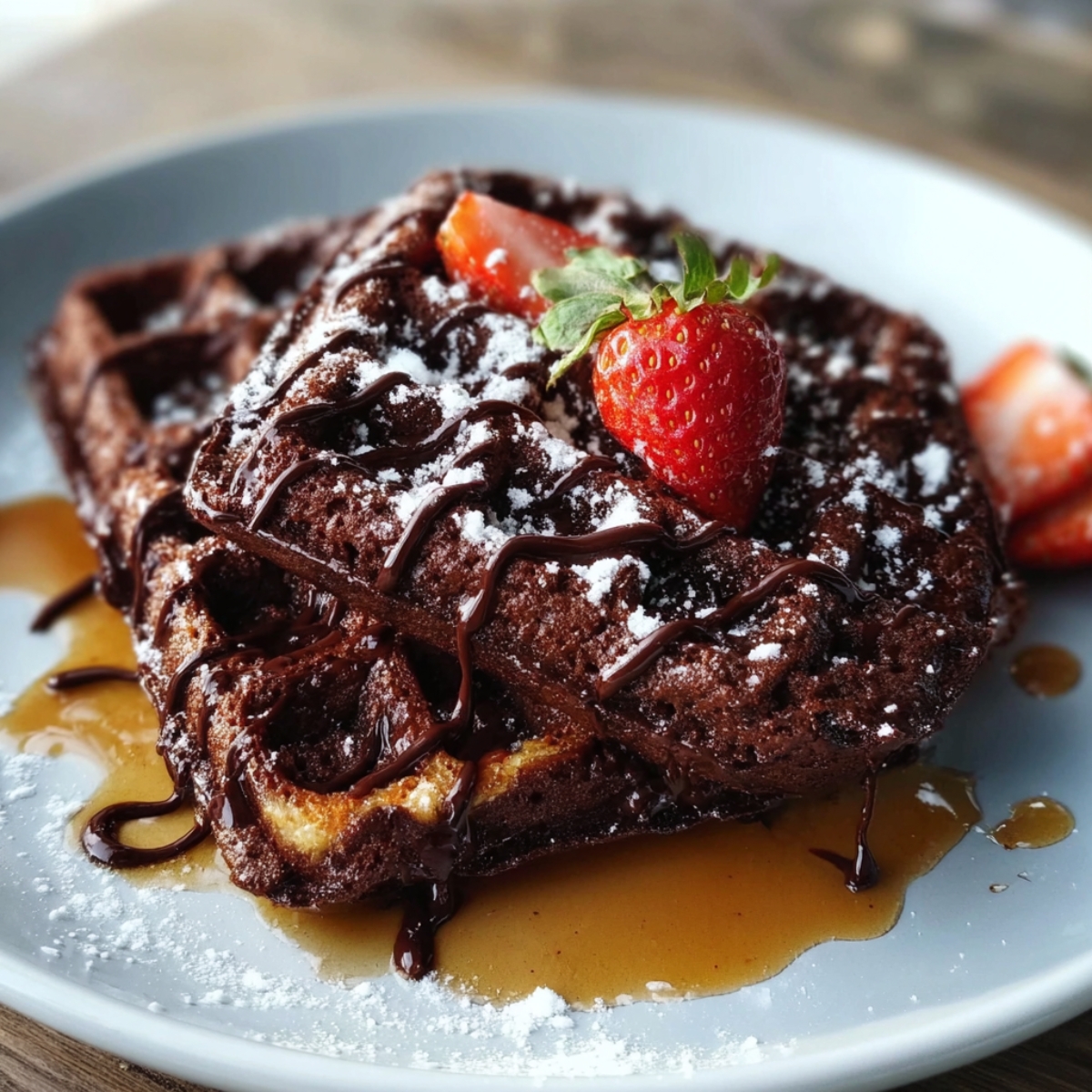 Brownie Waffles A chocolate brownie waffle drizzled with chocolate syrup and dusted with powdered sugar, topped with a whole strawberry and surrounded by strawberry slices, served on a gray plate.