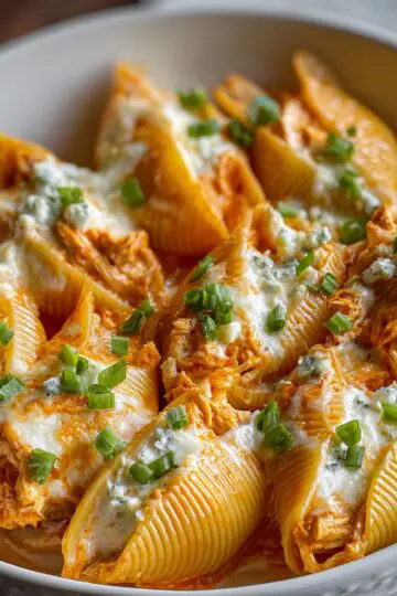 A white dish filled with Buffalo Chicken Stuffed Shells Recipe shells, topped with melted cheese, crumbled blue cheese, and chopped green onions for garnish.