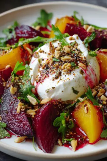 Burrata Salad Beet A colorful salad of roasted red and golden beets, fresh arugula, and a whole burrata in the center, topped with seeds and herbs.