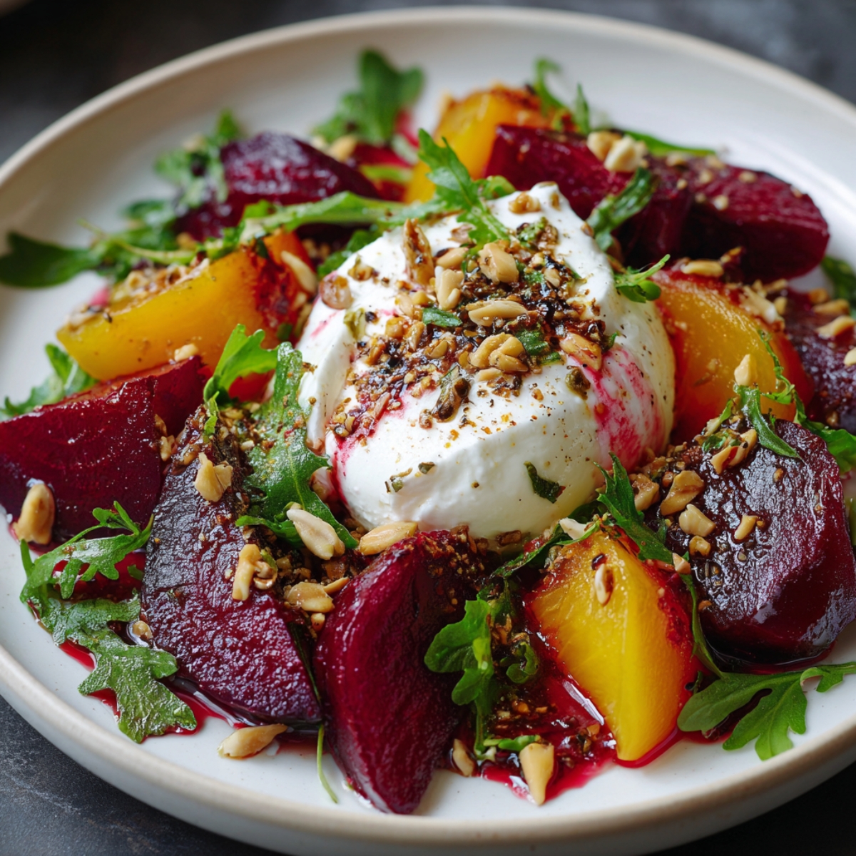 Burrata Salad Beet A colorful salad of roasted red and golden beets, fresh arugula, and a whole burrata in the center, topped with seeds and herbs.
