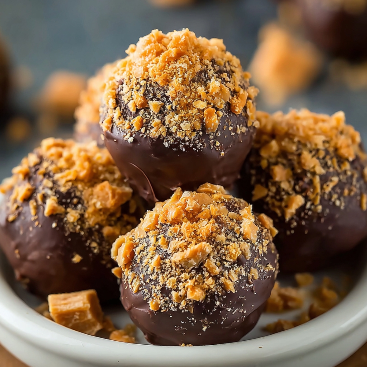 Close-up of Butterfinger Balls truffles topped with golden crushed candy bits, neatly arranged in a small white bowl.