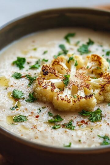 Smooth cauliflower soup garnished with roasted cauliflower, parsley, and a drizzle of olive oil in a greenish ceramic bowl.