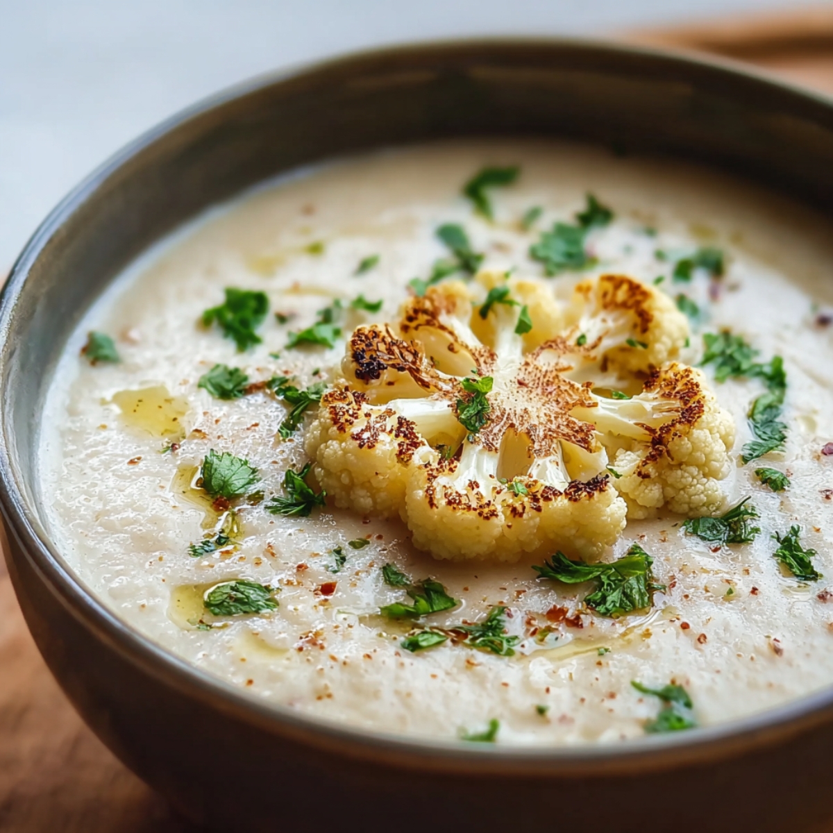 Smooth cauliflower soup garnished with roasted cauliflower, parsley, and a drizzle of olive oil in a greenish ceramic bowl.