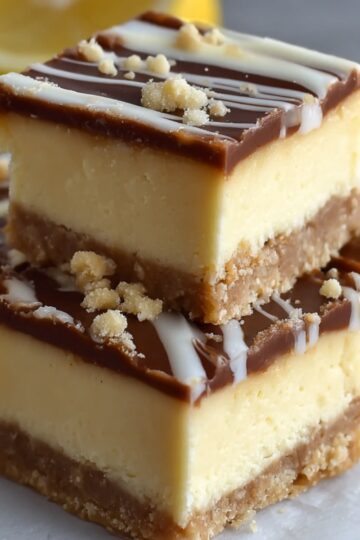 Cheesecake fudge bars layered with a graham crust, creamy cheesecake, and chocolate topping drizzled with white icing and crumbs