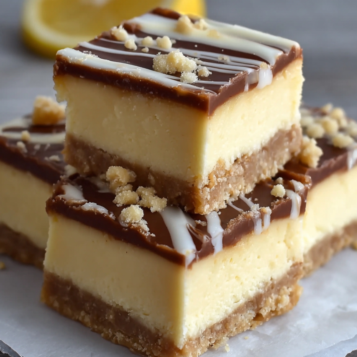 Cheesecake fudge bars layered with a graham crust, creamy cheesecake, and chocolate topping drizzled with white icing and crumbs