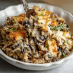 Chicken Wild Rice Casserole Bowl of creamy wild rice chicken casserole with mushrooms and herbs, with a spoon lifting a cheesy bite."