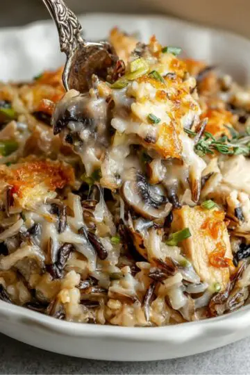 Chicken Wild Rice Casserole Bowl of creamy wild rice chicken casserole with mushrooms and herbs, with a spoon lifting a cheesy bite."