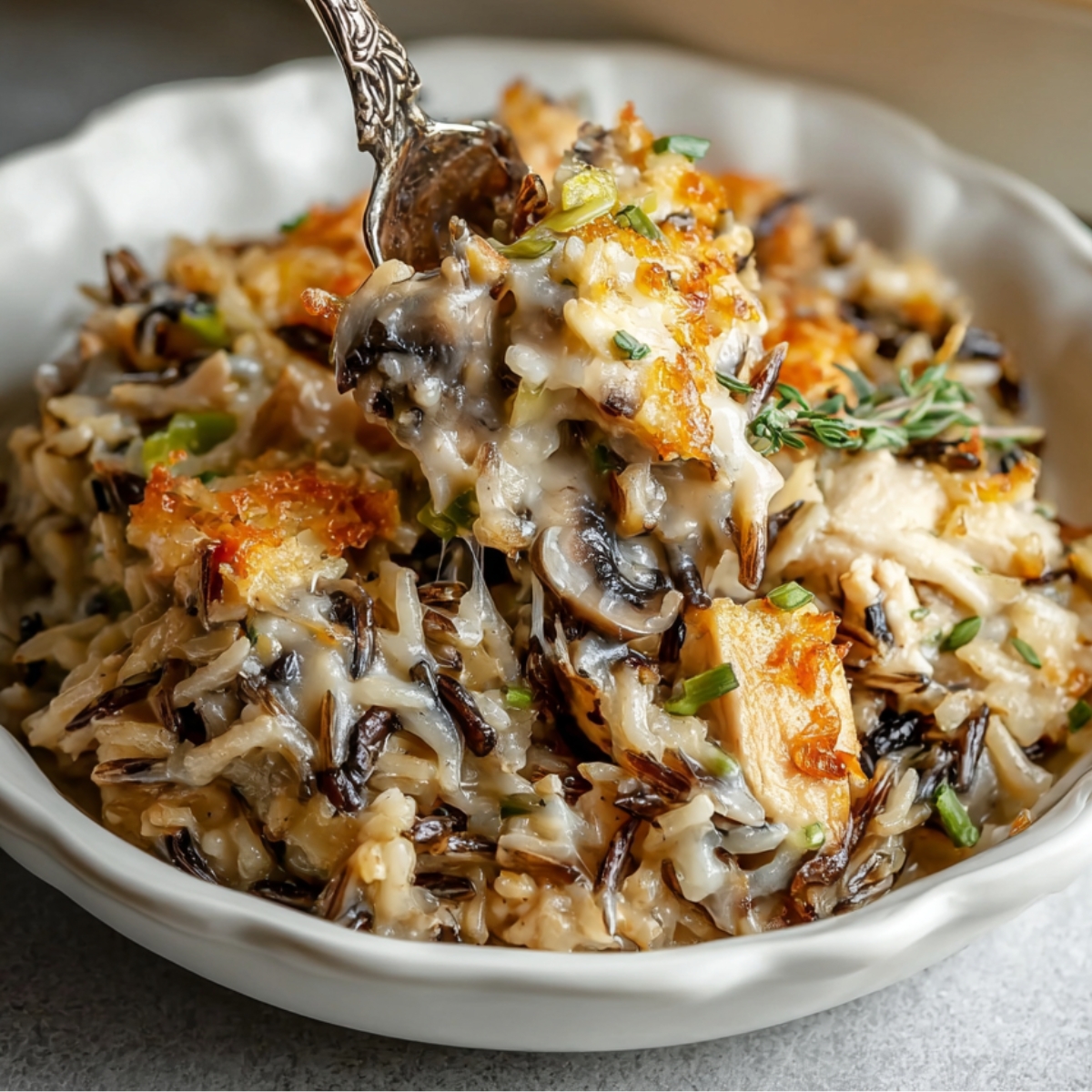 Chicken Wild Rice Casserole Bowl of creamy wild rice chicken casserole with mushrooms and herbs, with a spoon lifting a cheesy bite."
