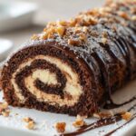 A Chocolate Cake Roll roll filled with creamy vanilla frosting, topped with chocolate drizzle, chopped nuts, and a dusting of powdered sugar on a white serving plate.