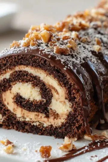 A Chocolate Cake Roll roll filled with creamy vanilla frosting, topped with chocolate drizzle, chopped nuts, and a dusting of powdered sugar on a white serving plate.