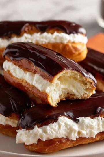 Chocolate Eclairs Plate of chocolate éclairs filled with cream, one with a bite taken out to show the airy interior, topped with rich glossy ganache.”
