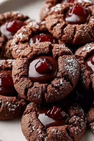 Close-up plate of chocolate thumbprint cookies with glossy chocolate filling in the center and dusted lightly with powdered sugar.