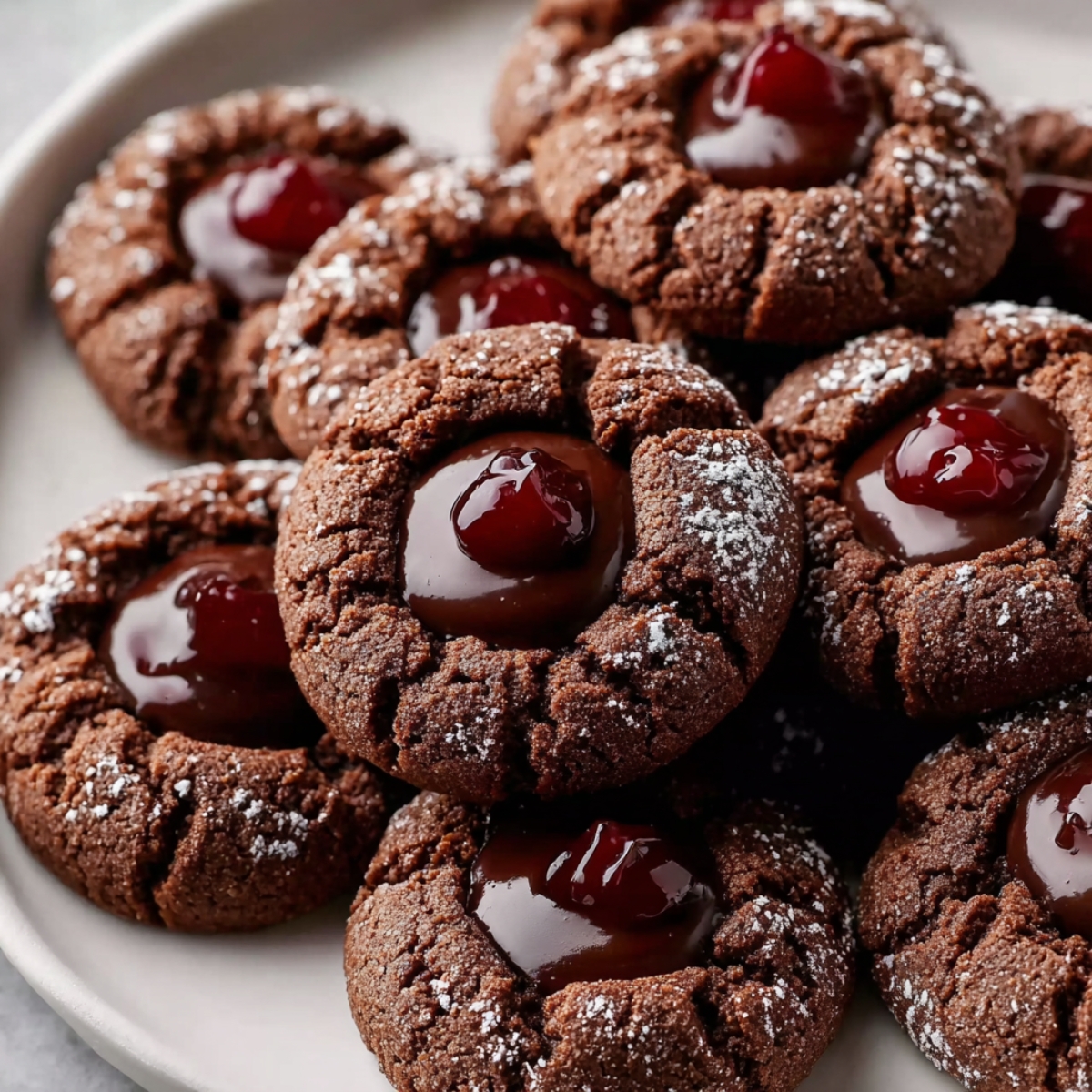 Close-up plate of chocolate thumbprint cookies with glossy chocolate filling in the center and dusted lightly with powdered sugar.