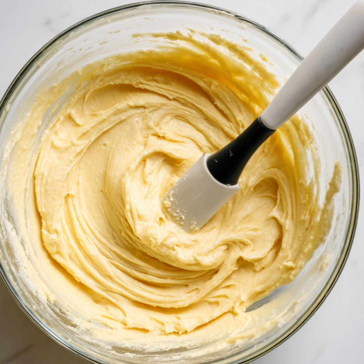 A glass mixing bowl filled with smooth vanilla cupcake batter, with a black and white spatula resting inside on a marble countertop