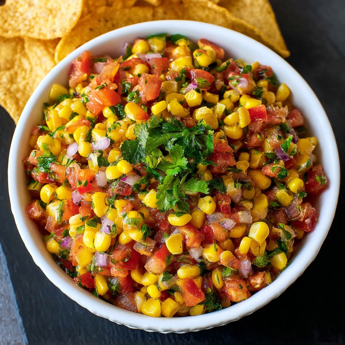 Corn Salsa Recipe A bowl of vibrant corn salsa filled with yellow corn, diced tomatoes, chopped red onion, cilantro, and jalapeño, garnished with fresh cilantro leaves, with tortilla chips in the background.