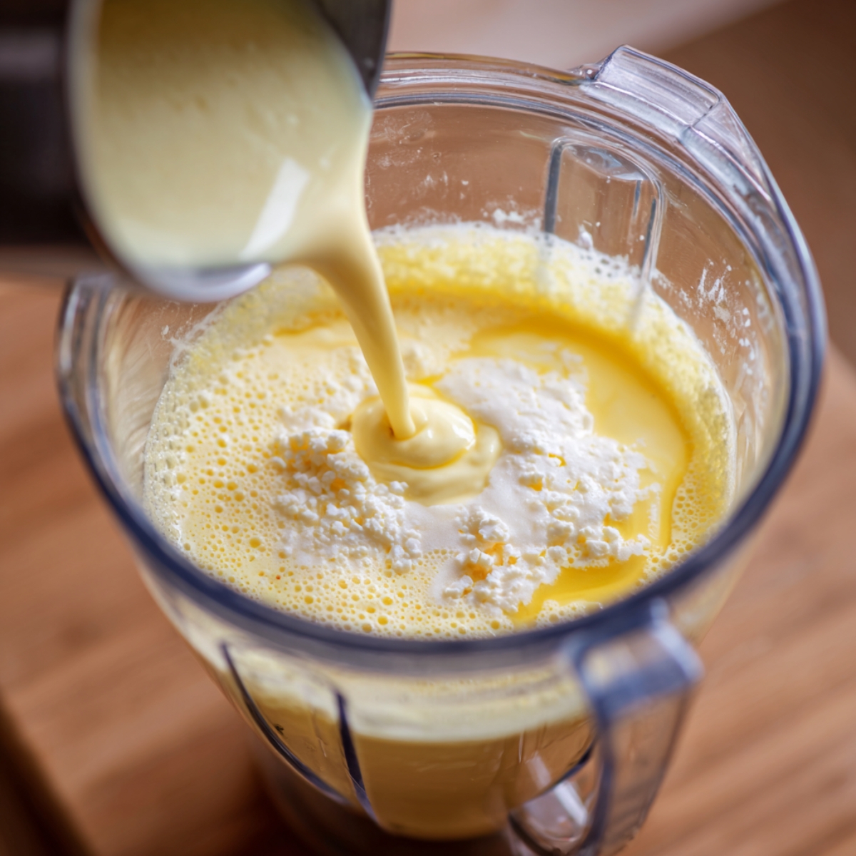 The Best Cottage Cheese Eggs Recipe 10 A close-up of a blender containing eggs and cottage cheese as a creamy liquid is being poured in, showing the beginning of the blending process for smooth cottage cheese eggs.