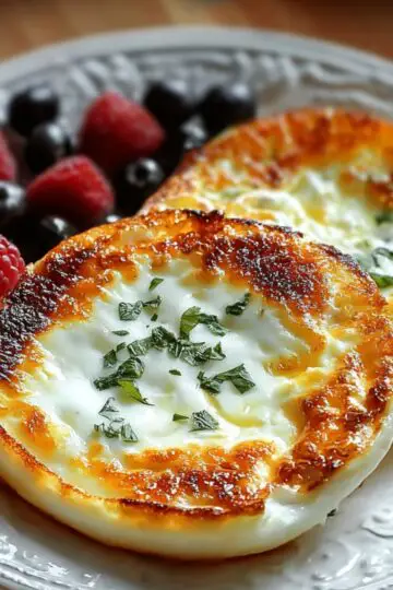 Two browned, fluffy cottage cheese eggs garnished with fresh herbs on a decorative white plate, served with raspberries and blueberries on the side.