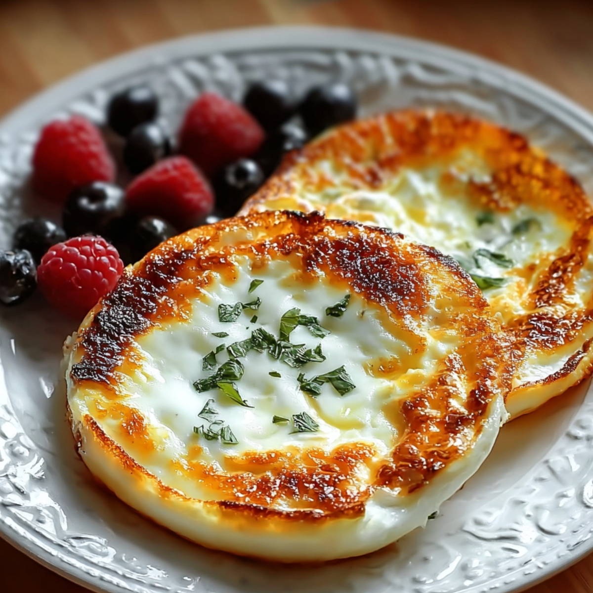 Two browned, fluffy cottage cheese eggs garnished with fresh herbs on a decorative white plate, served with raspberries and blueberries on the side.