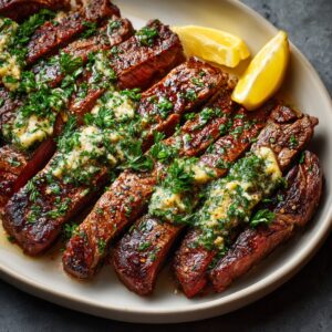 Cowboy Butter Steak on a white plate, topped with melting herb butter and chopped parsley, garnished with lemon wedges.
