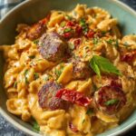 A bowl of Creamy Cajun Sausage Pasta made with penne, sausage slices, and red bell peppers, coated in a rich orange sauce and sprinkled with fresh parsley and parmesan cheese.