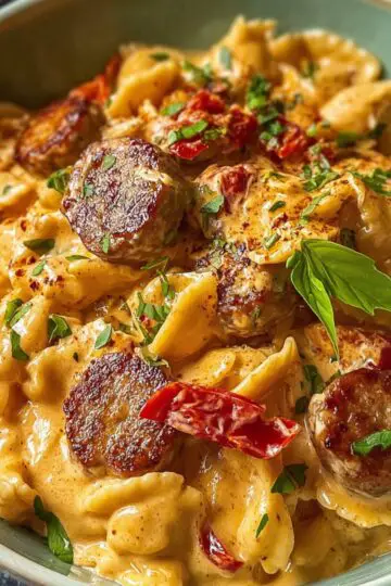 A bowl of Creamy Cajun Sausage Pasta made with penne, sausage slices, and red bell peppers, coated in a rich orange sauce and sprinkled with fresh parsley and parmesan cheese.