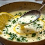 A bowl of creamy lemon butter sauce topped with parsley, black pepper, and lemon slices.
