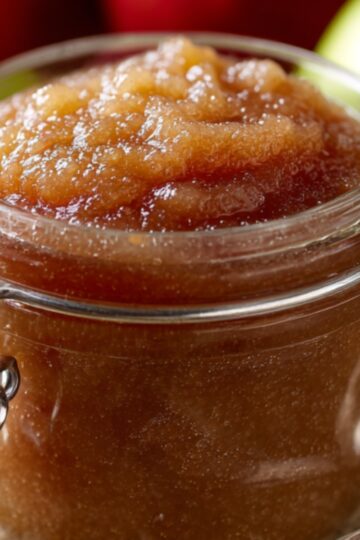 Crockpot Applesauce A glass jar filled with homemade applesauce placed on a rustic cloth, surrounded by fresh red and green apples.