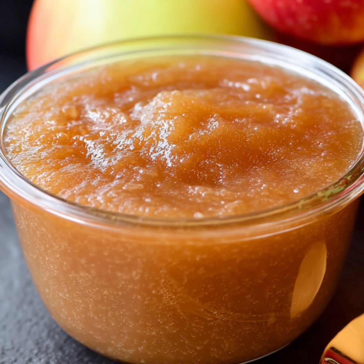A bowl of smooth crockpot applesauce with a spoon, displayed next to whole apples and cinnamon sticks.