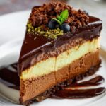 Dubai Chocolate Cheesecake Elegant slice of chocolate cheesecake layered with dark and light filling, topped with cocoa crumbles, blueberries, mint, and shiny chocolate sauce.