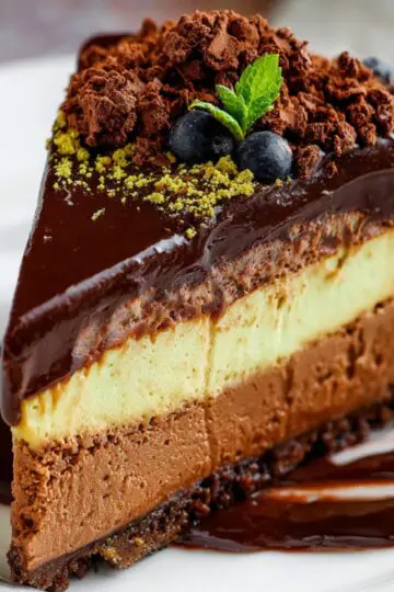 Dubai Chocolate Cheesecake Elegant slice of chocolate cheesecake layered with dark and light filling, topped with cocoa crumbles, blueberries, mint, and shiny chocolate sauce.
