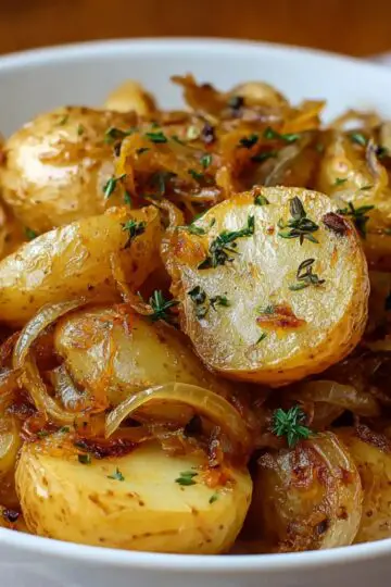 Slow Cooker Lipton Onion Potatoes Recipe Bowl filled with halved and whole baby potatoes cooked with caramelized onions and herbs. Potatoes appear golden and tender, coated in savory seasoning with sprigs of fresh thyme on top.