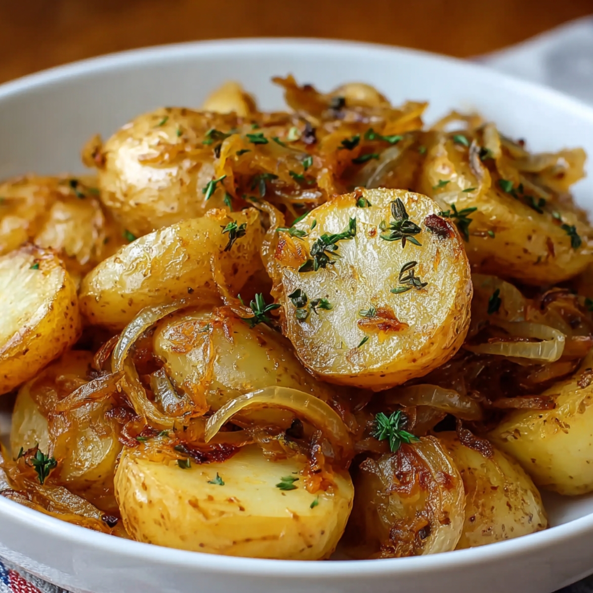 Easy Slow Cooker Lipton Onion Potatoes Recipe 9 Slow Cooker Lipton Onion Potatoes Recipe Bowl filled with halved and whole baby potatoes cooked with caramelized onions and herbs. Potatoes appear golden and tender, coated in savory seasoning with sprigs of fresh thyme on top.