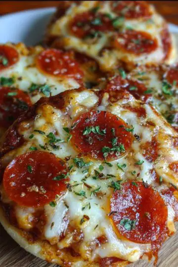 English Muffin Pizza A close-up of mini English muffin pizzas topped with pepperoni slices, melted cheese, and dried herbs, arranged on a wooden board.