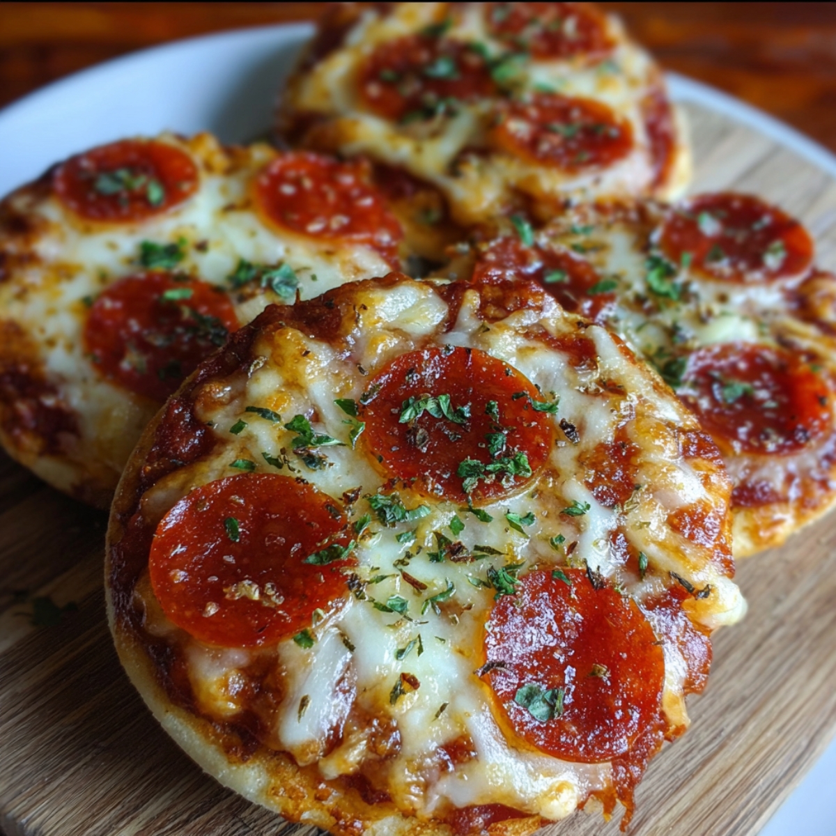 Easy English Muffin Pizza Recipe 9 English Muffin Pizza A close-up of mini English muffin pizzas topped with pepperoni slices, melted cheese, and dried herbs, arranged on a wooden board.