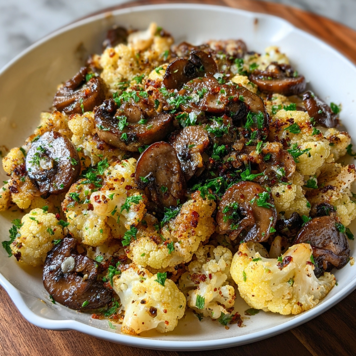 Garlic Mushrooms Cauliflower Skillet A bowl of roasted cauliflower and sautéed mushrooms, sprinkled with chopped parsley and red pepper flakes, with a light crust from roasting.
