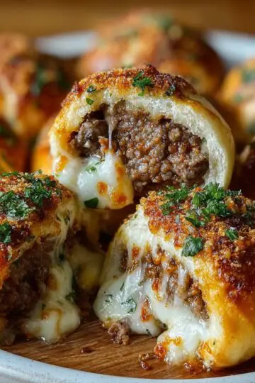 Garlic Parmesan Cheeseburger Bombs A plate of baked garlic Parmesan cheeseburger bombs, one opened to show melty cheese and beef filling, topped with crispy Parmesan and chopped herbs.