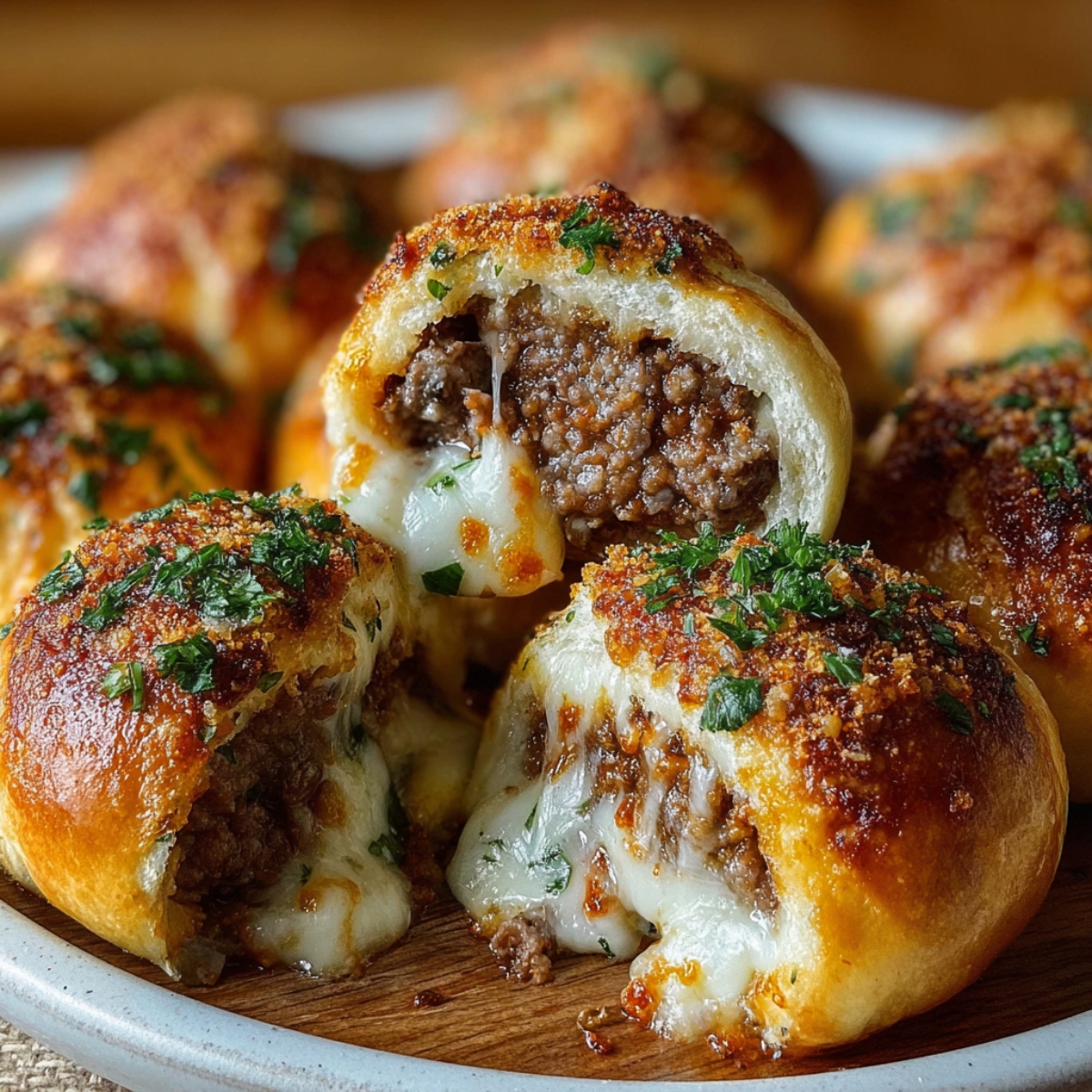 Garlic Parmesan Cheeseburger Bombs A plate of baked garlic Parmesan cheeseburger bombs, one opened to show melty cheese and beef filling, topped with crispy Parmesan and chopped herbs.