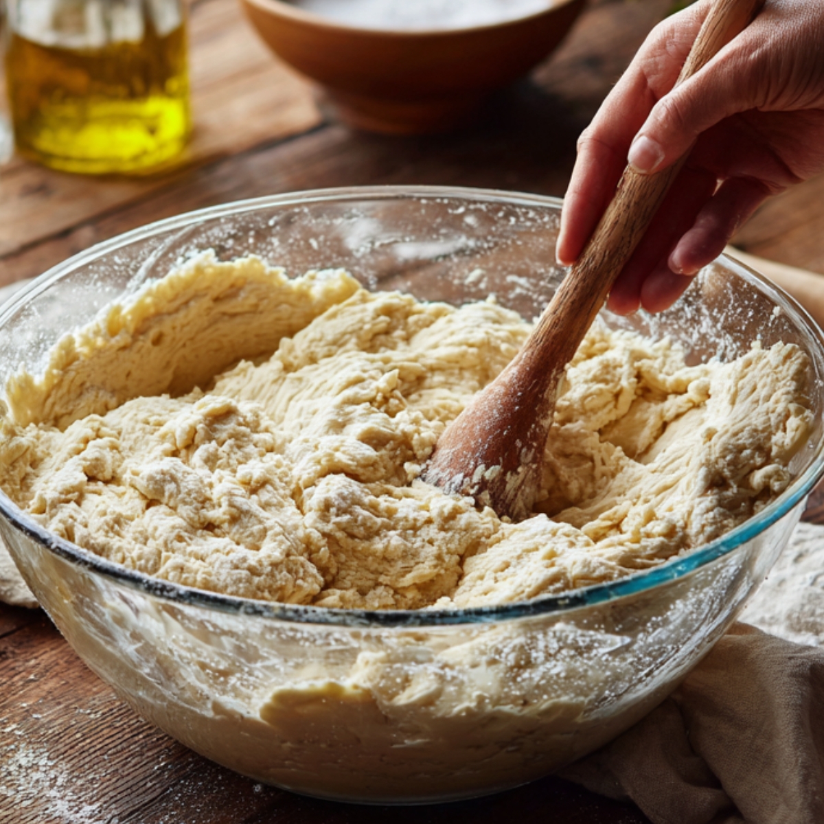 A rustic kitchen scene showing a glass bowl of freshly mixed focaccia dough being stirred with a wooden spoon, surrounded by olive oil, flour, and salt on a wooden countertop.”