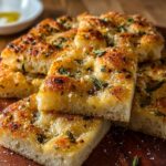 Close-up of Garlic Parmesan Focaccia, freshly baked garlic parmesan focaccia cut into squares, sprinkled with herbs and flaky salt, served on a wooden board