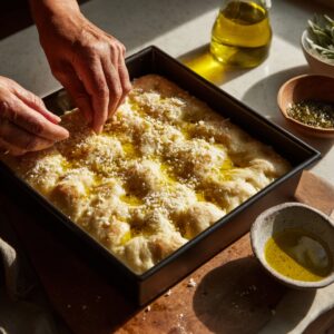 Hands dimpling and topping risen focaccia dough in a square pan, drizzled with olive oil and sprinkled with parmesan cheese, captured in warm sunlight on a cozy kitchen counter.
