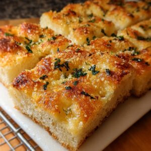 Golden-brown slices of garlic focaccia bread topped with herbs and parmesan, cooling on a wire rack with a crisp crust and soft airy crumb.”