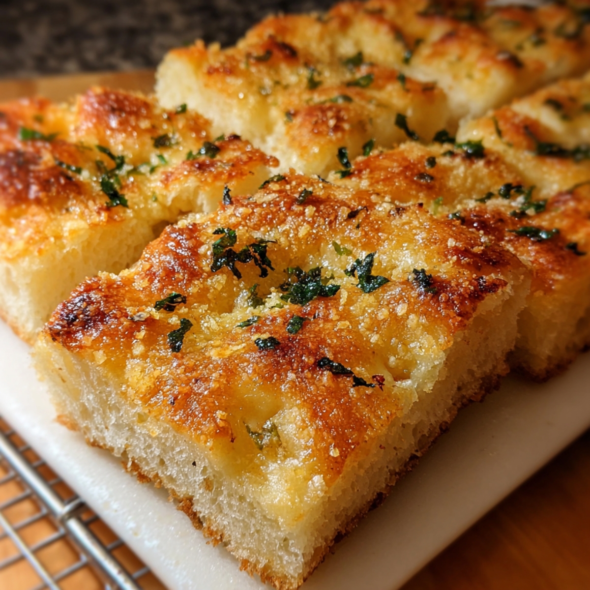Golden-brown slices of garlic focaccia bread topped with herbs and parmesan, cooling on a wire rack with a crisp crust and soft airy crumb.”