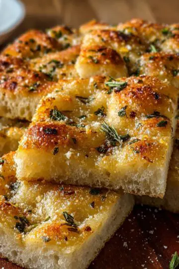 Close-up of Garlic Parmesan Focaccia, freshly baked garlic parmesan focaccia cut into squares, sprinkled with herbs and flaky salt, served on a wooden board