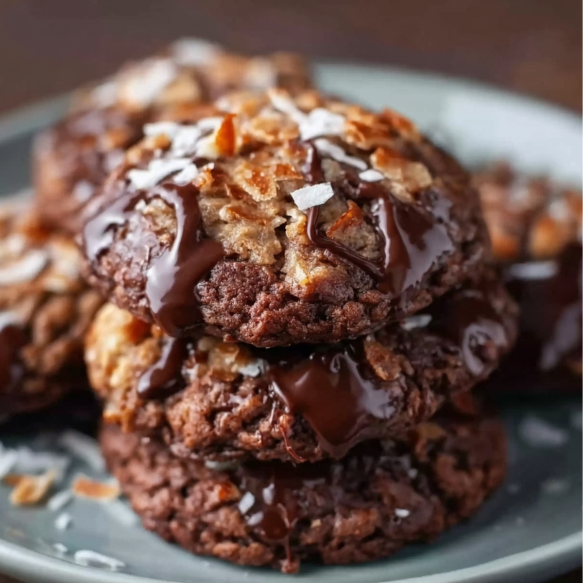 Plate of German chocolate cookies drizzled with chocolate and topped with golden toasted coconut flakes, set on a warm-toned tablecloth.